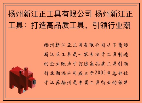 扬州新江正工具有限公司 扬州新江正工具：打造高品质工具，引领行业潮流